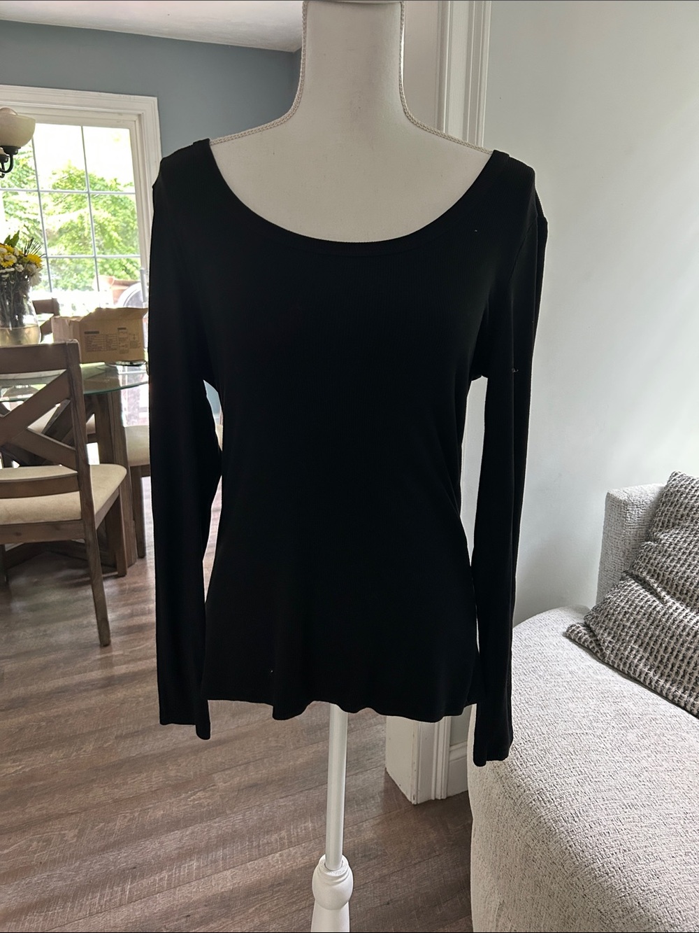 Classic Black Ribbed Scoop Neck Long-Sleeve Top
